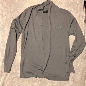 Allsaints Mens size L  100% Merino Wool Open Car front Cardigan ribbed Logo Gray
